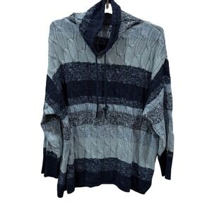 Chaps Women 3X Striped Cable Knit Tunic Sweater Cowl Neck Drawstring Blue Gray